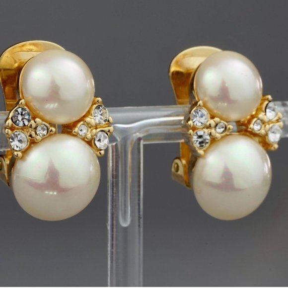 Vintage CHRISTIAN DIOR Double Pearl Rhinestone Earrings - Picture 5 of 11